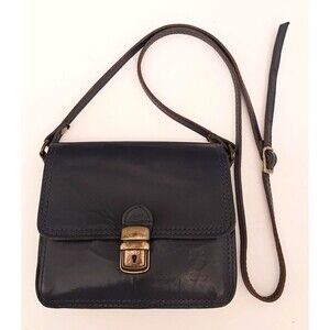 VTG Navy Leather Crossbody Bag Made in Florence Italy Fold Over Lock Flap